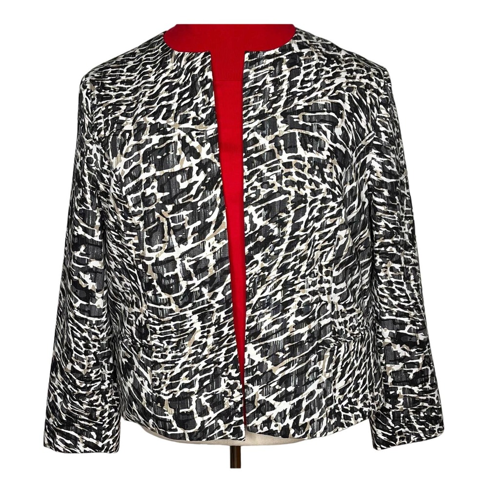 Chico women's jacket blazer black white brown open front faux pockets cotton 3